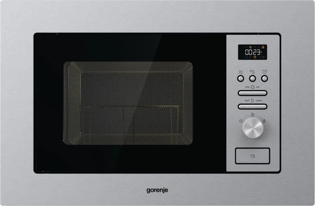 Вбудована мікрохвильова піч Gorenje, 20 л, 800 Вт, з грилем та дисплеєм, нержавіюча сталь.