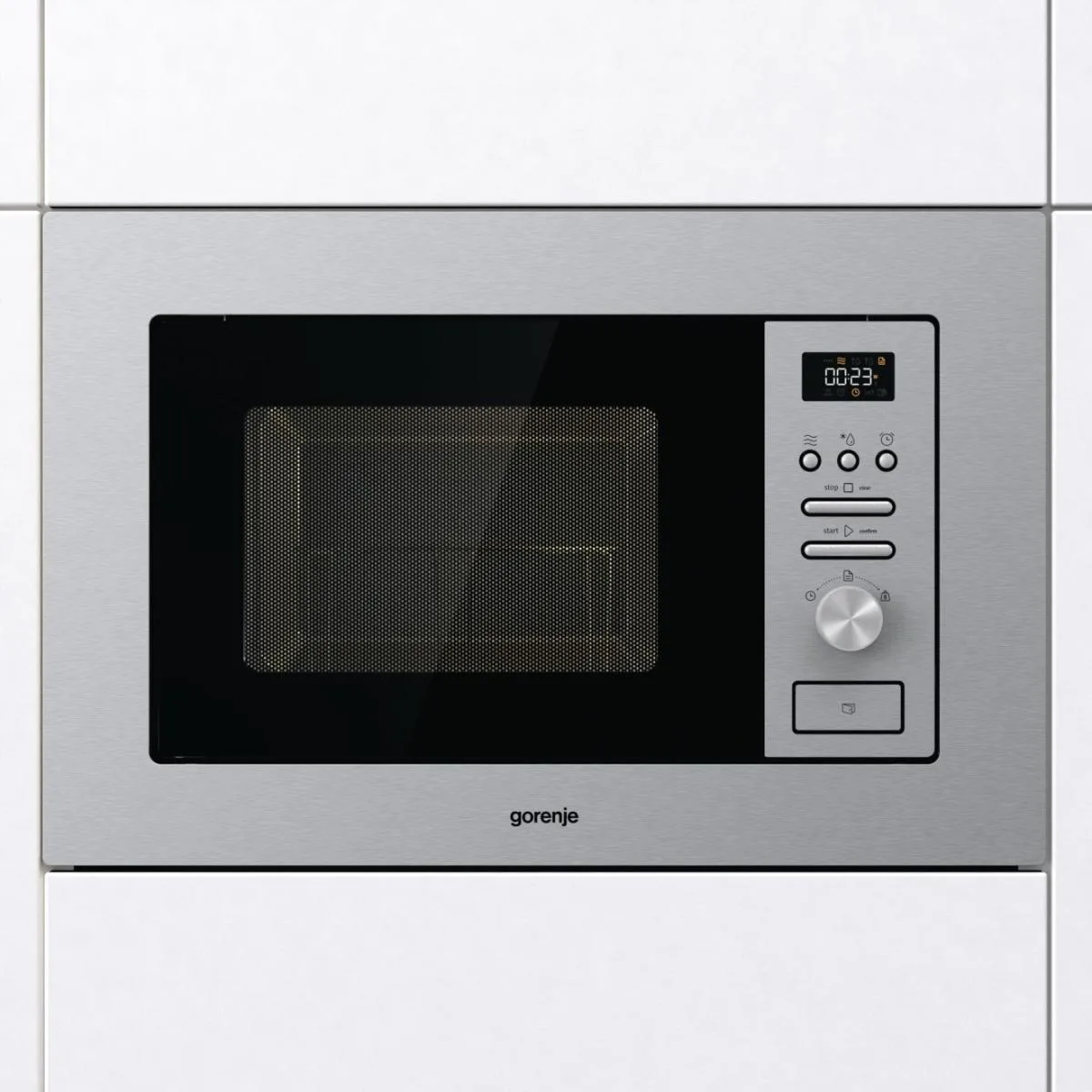 Вбудована мікрохвильова піч Gorenje, 20 л, 800 Вт, з грилем та дисплеєм, нержавіюча сталь.
