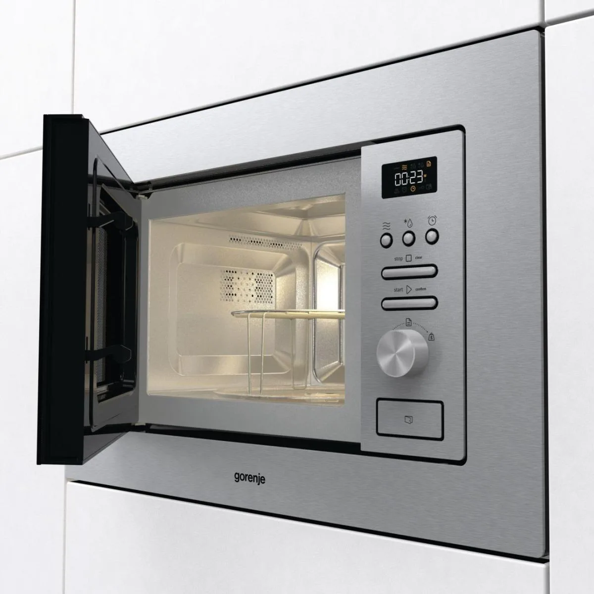 Вбудована мікрохвильова піч Gorenje, 20 л, 800 Вт, з грилем та дисплеєм, нержавіюча сталь.