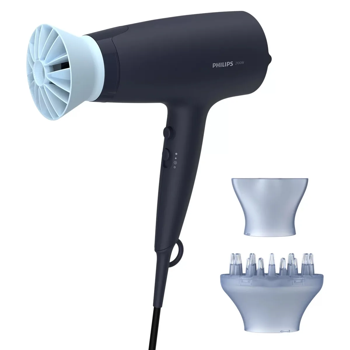 Фен Philips 3000 Series, 2100 Вт, 3 скорости, диффузор, ионизация, холодный обдув, синий