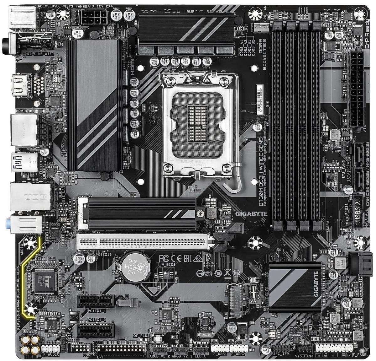 Материнська плата GIGABYTE B760M DS3H WF6E GEN5 s1700 B760 4xDDR5 M.2 Wi-Fi BT HDMI mATX