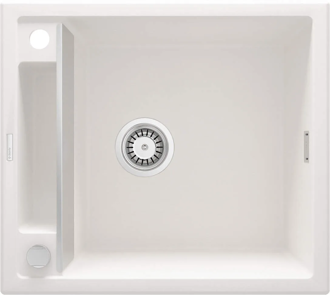 Кухонна мийка Deante Magnetic, гранітна, квадратна, без крила, розміри 560х500х219мм, однокамерна, накладна, колір алебастр.