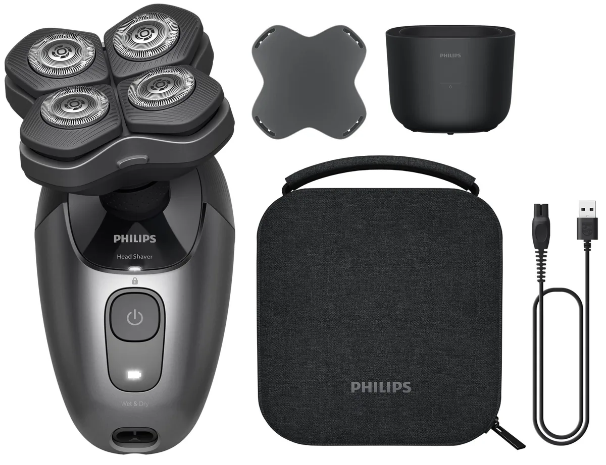 Електрична бритва для голови Philips Pro Series 7000, роторна, 4 бритвені головки, Li-Ion, сухе та вологе гоління, кейс для зберіг