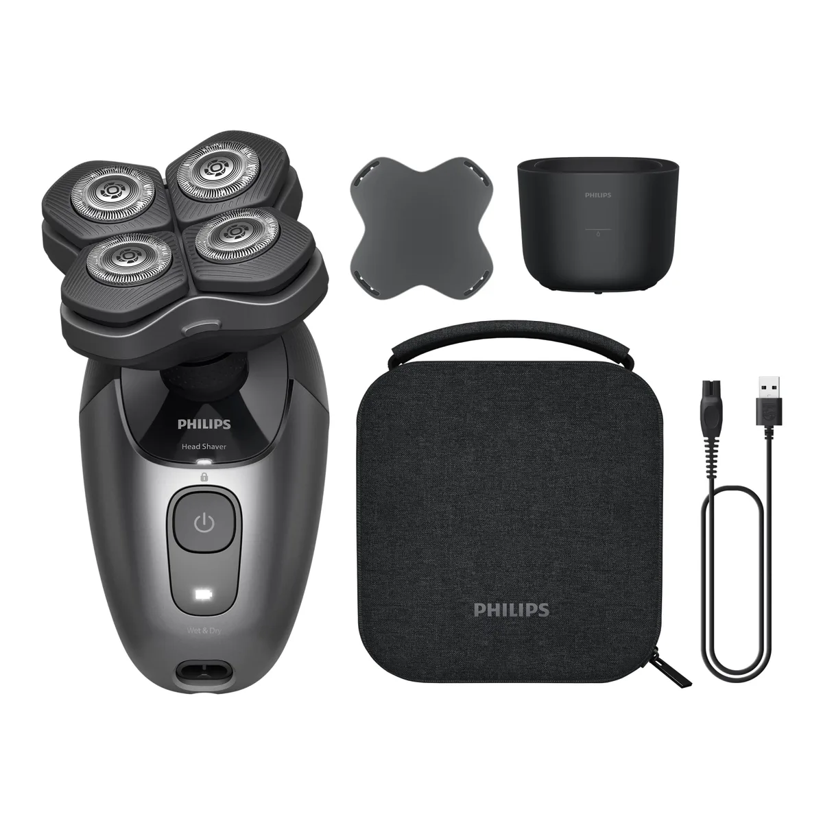 Електрична бритва для голови Philips Pro Series 7000, роторна, 4 бритвені головки, Li-Ion, сухе та вологе гоління, кейс для зберіг
