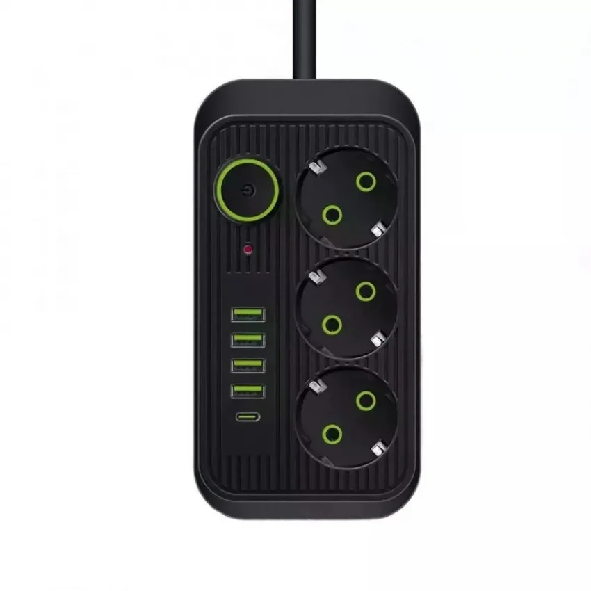 Мережева фільтра-удлинювач 3 розетки 4USB Type-C 6 м Чорний