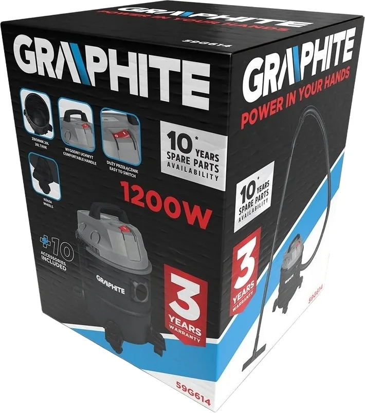 Професійний пилосос GRAPHITE 1200Вт, 18кПа, контейнер на 20л, з колесами.