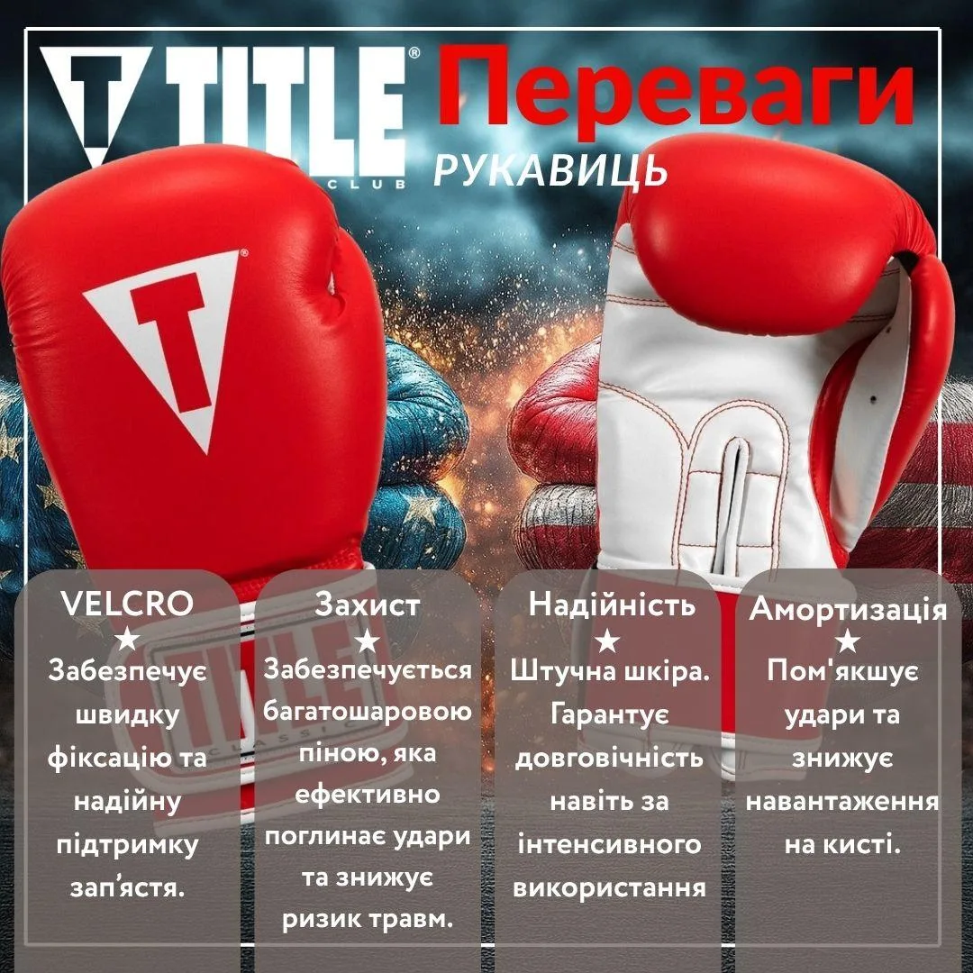 Боксерские перчатки TITLE синтетическая кожа 14 oz красные с капой в комплекте.