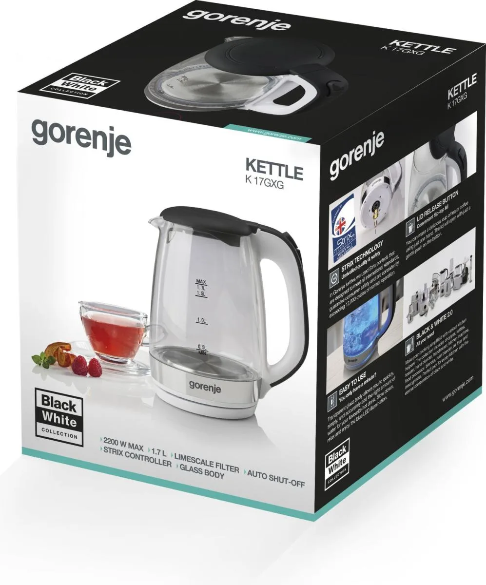 Электрический чайник Gorenje 17 л, 2200 Вт, контроль Strix, стеклянный, белый