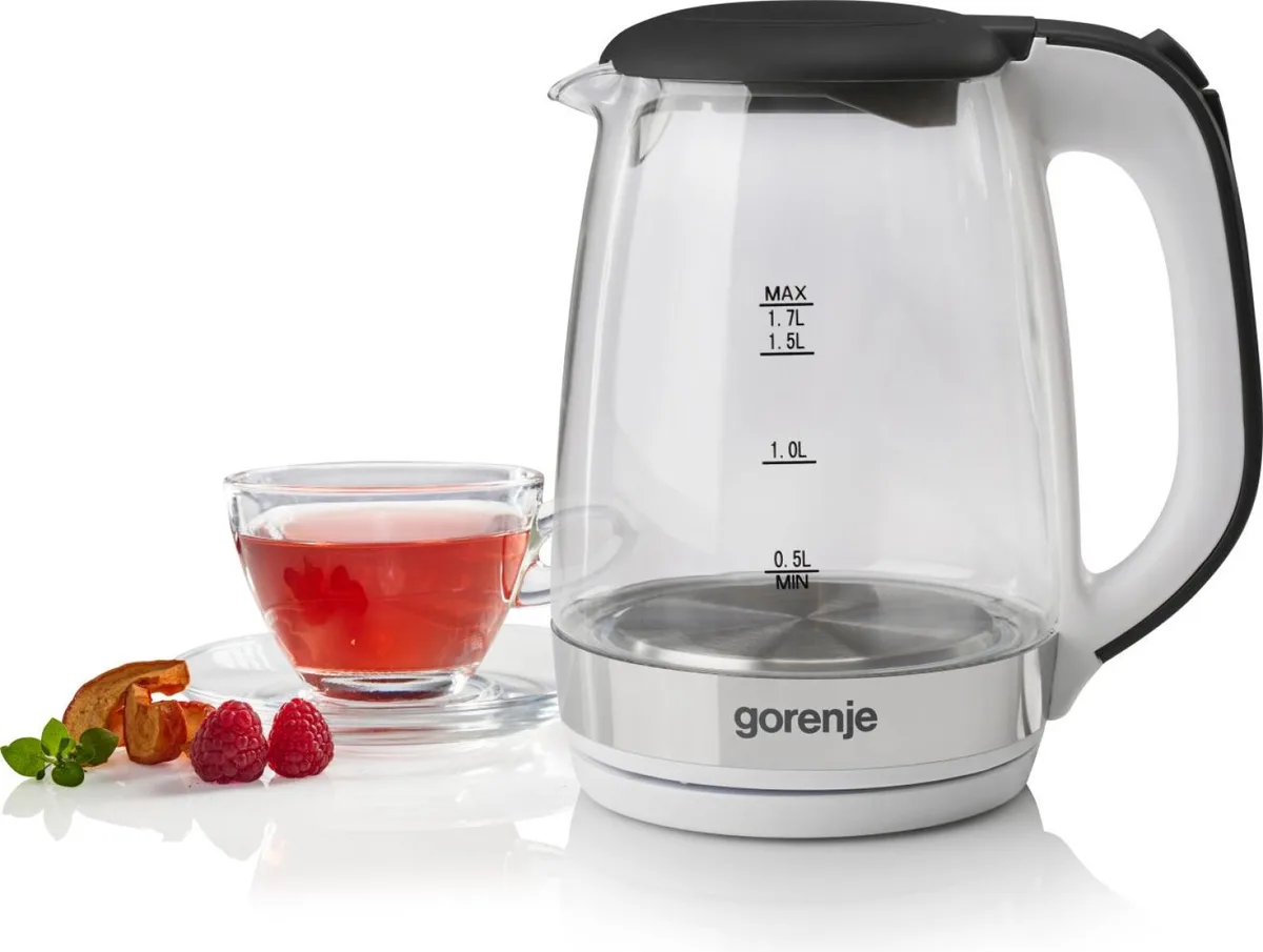 Электрический чайник Gorenje 17 л, 2200 Вт, контроль Strix, стеклянный, белый