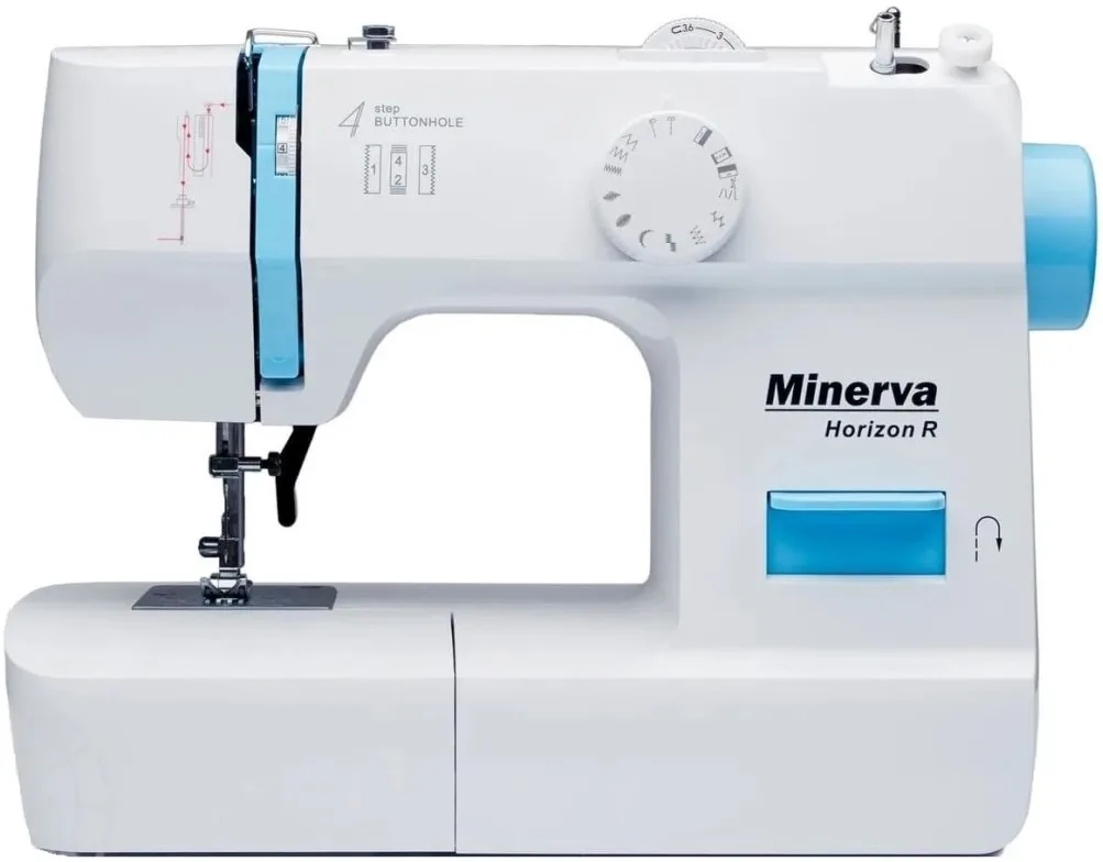 Швейна машина MINERVA Horizon R, електромеханічна, 71 Вт, 13 швейних функцій, напівавтоматична петля, білий колір.