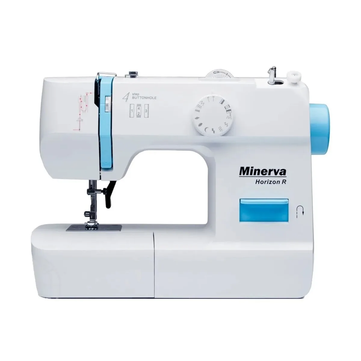 Швейна машина MINERVA Horizon R, електромеханічна, 71 Вт, 13 швейних функцій, напівавтоматична петля, білий колір.