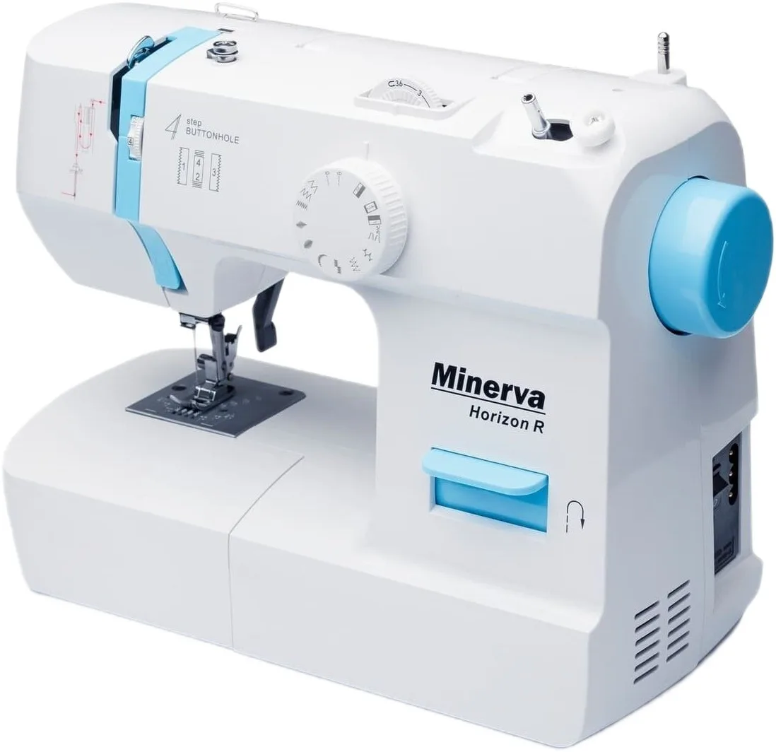 Швейна машина MINERVA Horizon R, електромеханічна, 71 Вт, 13 швейних функцій, напівавтоматична петля, білий колір.