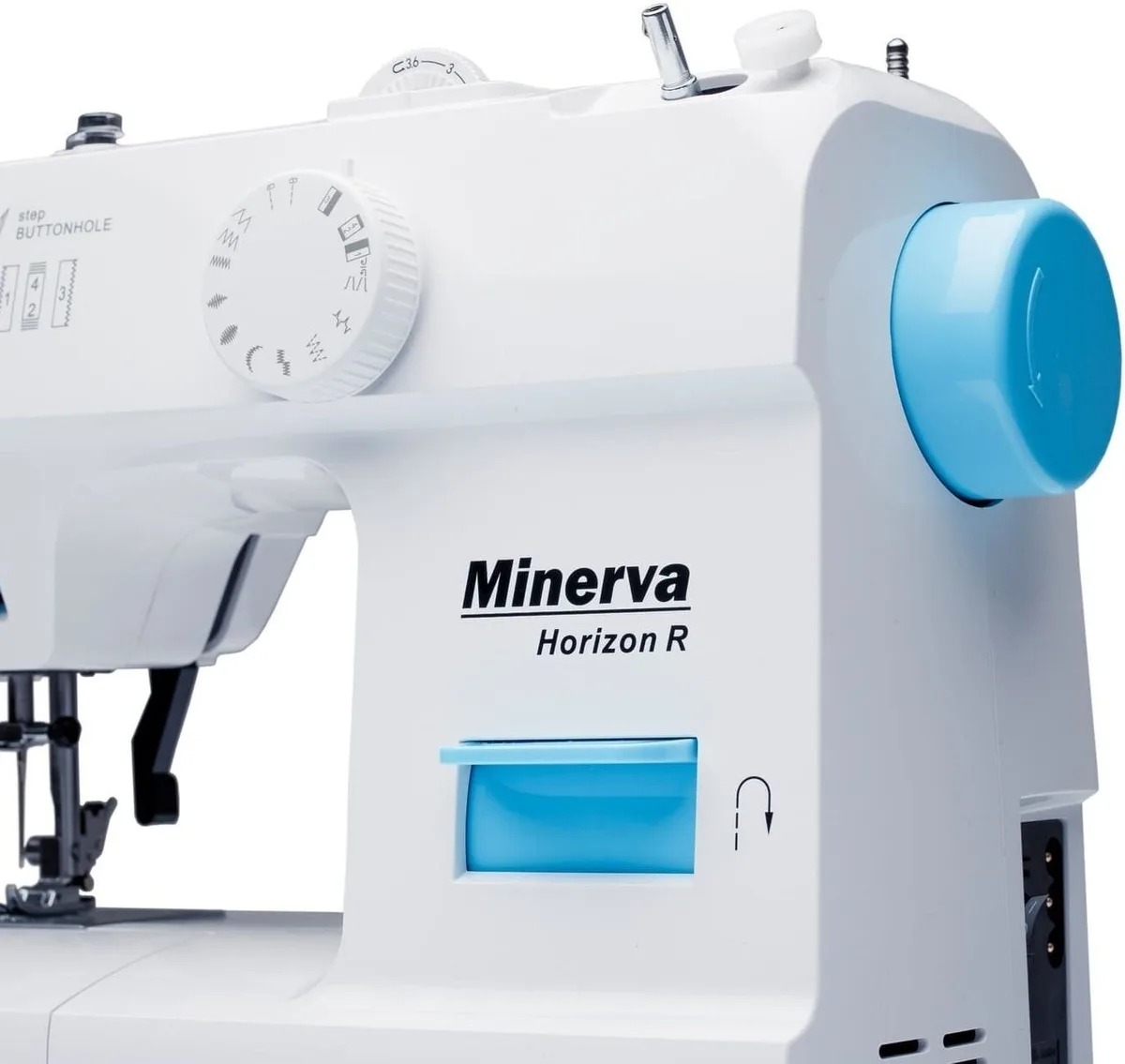 Швейна машина MINERVA Horizon R, електромеханічна, 71 Вт, 13 швейних функцій, напівавтоматична петля, білий колір.