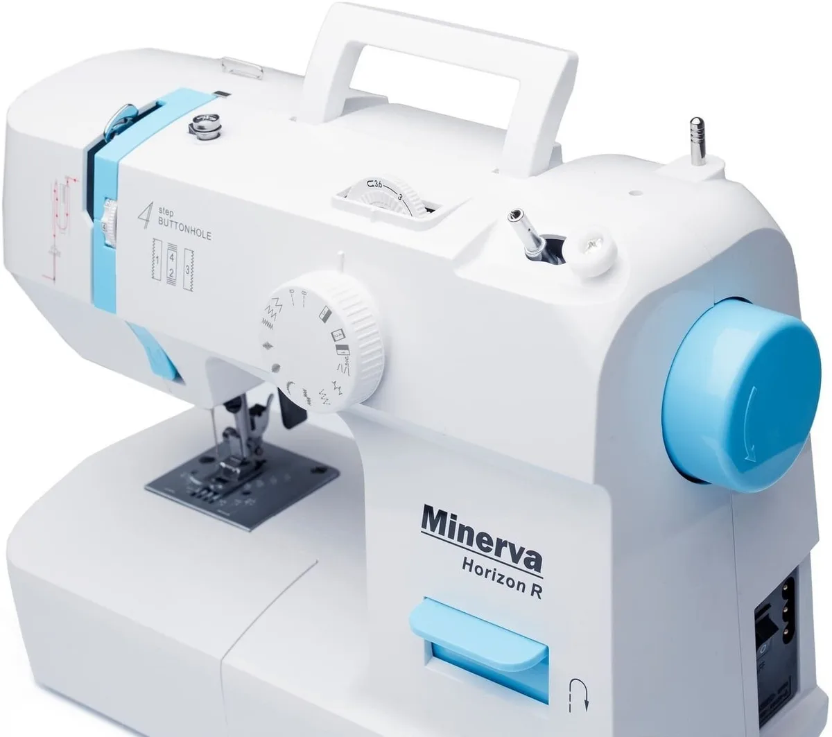Швейна машина MINERVA Horizon R, електромеханічна, 71 Вт, 13 швейних функцій, напівавтоматична петля, білий колір.
