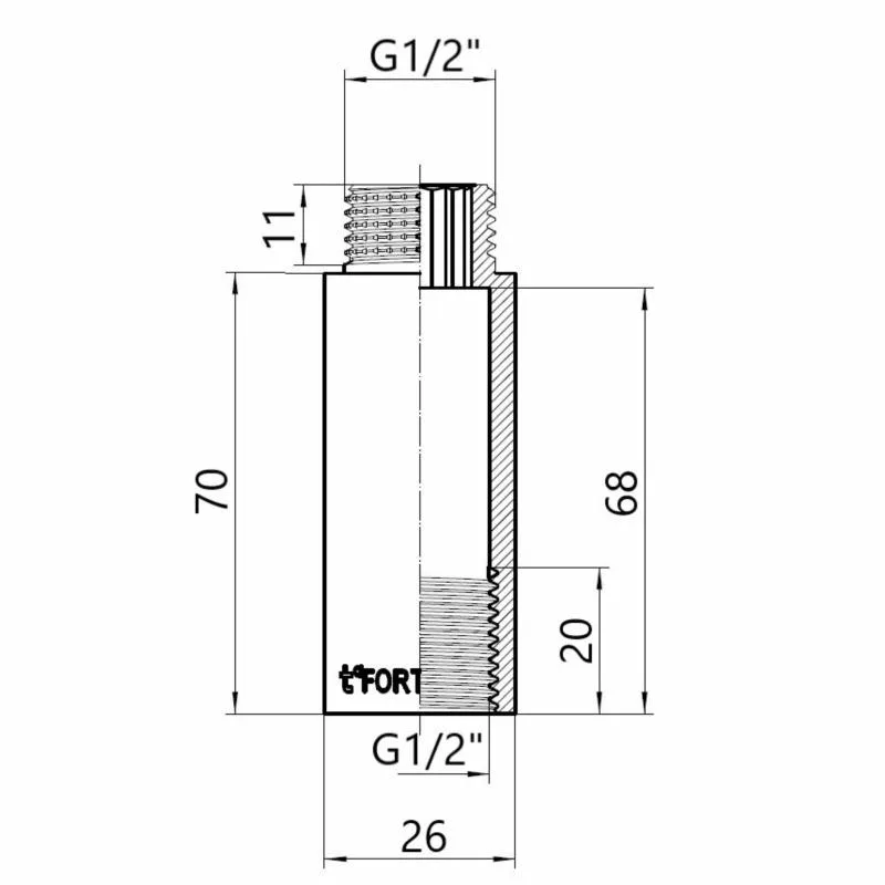 Подовжувач 1/2" хромований Thermo Alliance Forte 70 мм латунь