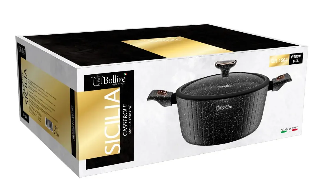 Каструля BOLLIRE антипригарна кована 28 см чорна 6,0 л з кришкою знімна ручка