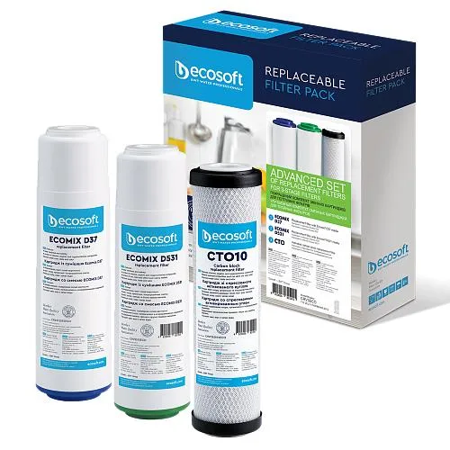 Комплект картриджів Ecosoft 1-2-3 Premium для очищення води: усуває жорсткість, хлор, важкі метали та феноли.