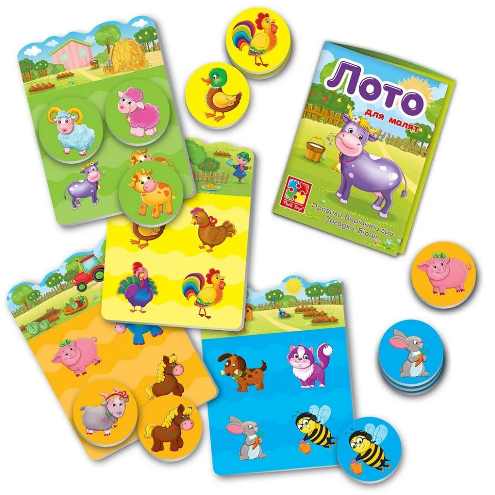 Дитяча настільна гра Лото Vladi Toys картон 4 ігрових поля 16 фішок Ферма