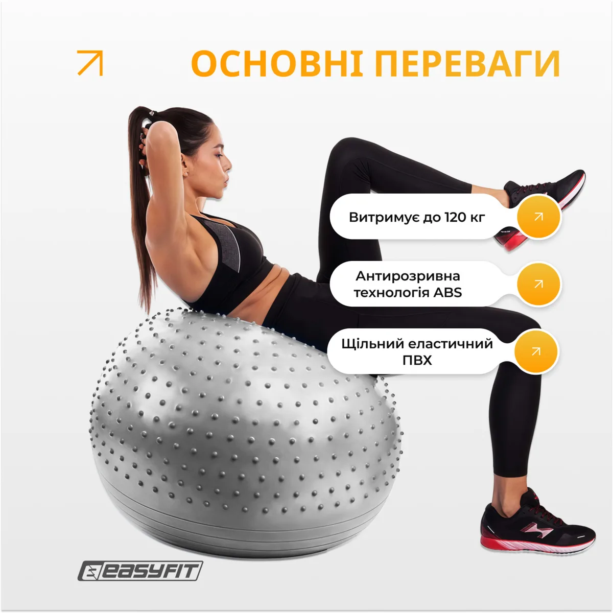 Фітбол EasyFit ПВХ 75 см Сірий Полумасажний