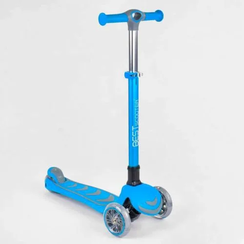 Трехколесный самокат Best Scooter голубой складной с алюминиевым рулем для детей со светящимися колесами.