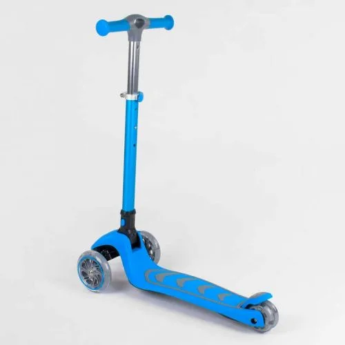 Трехколесный самокат Best Scooter голубой складной с алюминиевым рулем для детей со светящимися колесами.