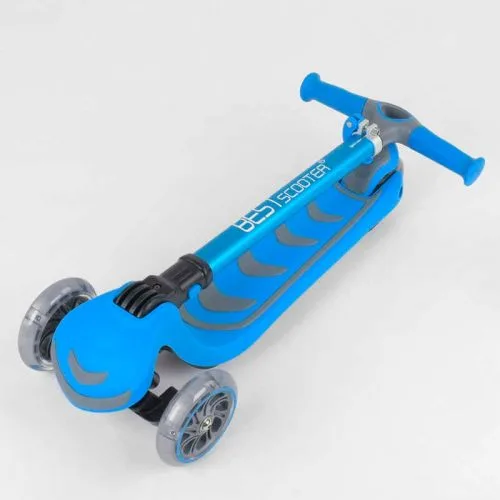 Трехколесный самокат Best Scooter голубой складной с алюминиевым рулем для детей со светящимися колесами.
