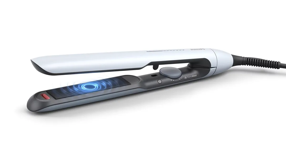 Випрямляч волосся Philips Series 5000, температурний діапазон 120-230°C, з іонізацією та керамічним покриттям, блакитного кольору.