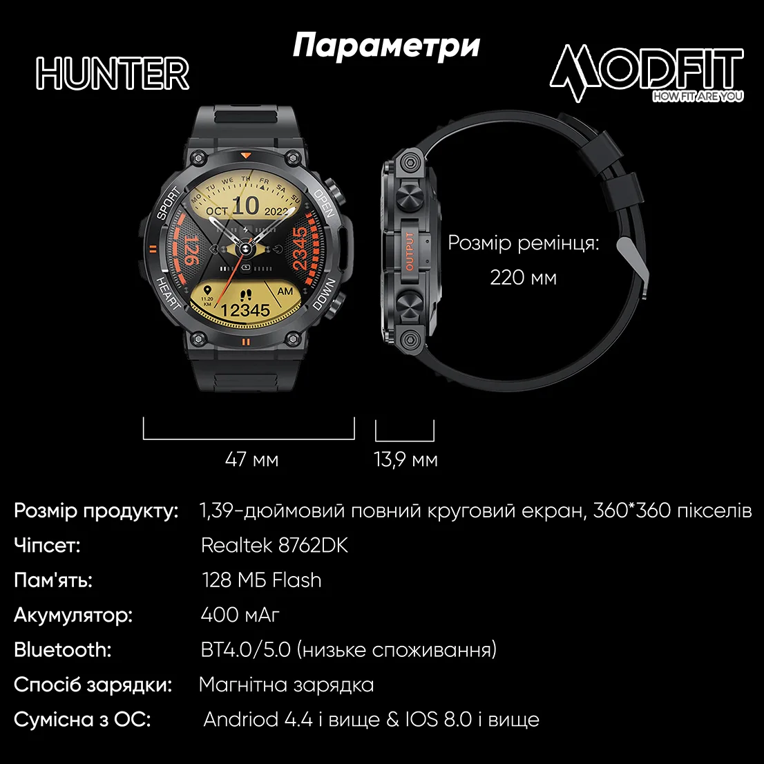 Розумні годинники Modfit Полімер Сталь 36 мм Чорні