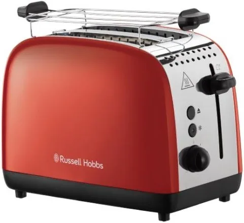 Тостер Russell Hobbs Colours Plus 1600Вт з функціями підігріву та розморожування, металевий, червоного кольору.