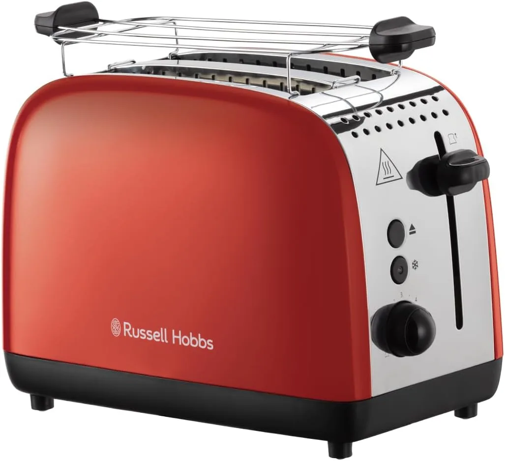 Тостер Russell Hobbs Colours Plus 1600Вт з функціями підігріву та розморожування, металевий, червоного кольору.