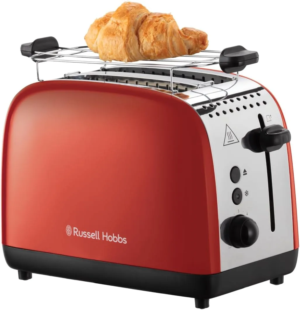 Тостер Russell Hobbs Colours Plus 1600Вт з функціями підігріву та розморожування, металевий, червоного кольору.