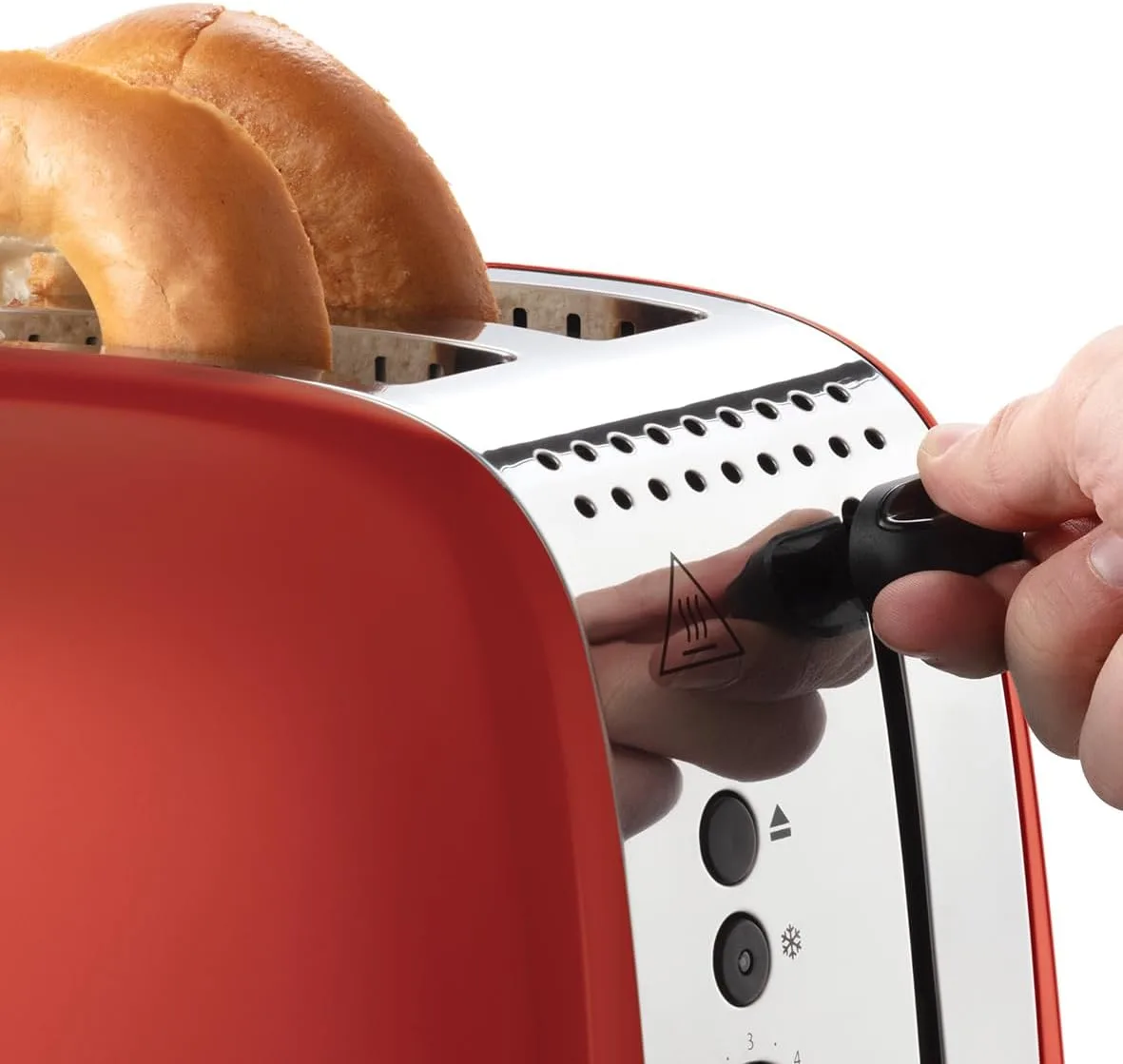 Тостер Russell Hobbs Colours Plus 1600Вт з функціями підігріву та розморожування, металевий, червоного кольору.