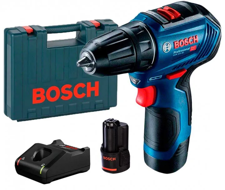 Акумуляторний шурупокрут-дриль Bosch Professional GSR 12V-30, 12В, 2x2.0А·год, 30Нм, 420·1600об/хв, у кейсі, вага 0.78кг.