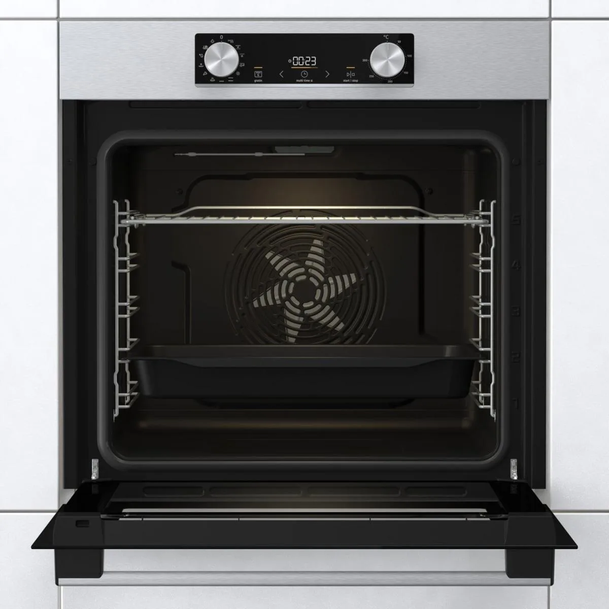 Електрична духова шафа Gorenje, 77 л, клас енергоефективності A+, з дисплеєм, нержавіюча сталь.