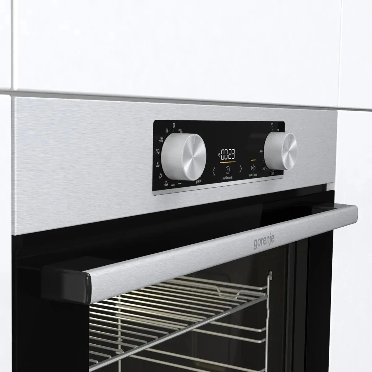 Електрична духова шафа Gorenje, 77 л, клас енергоефективності A+, з дисплеєм, нержавіюча сталь.