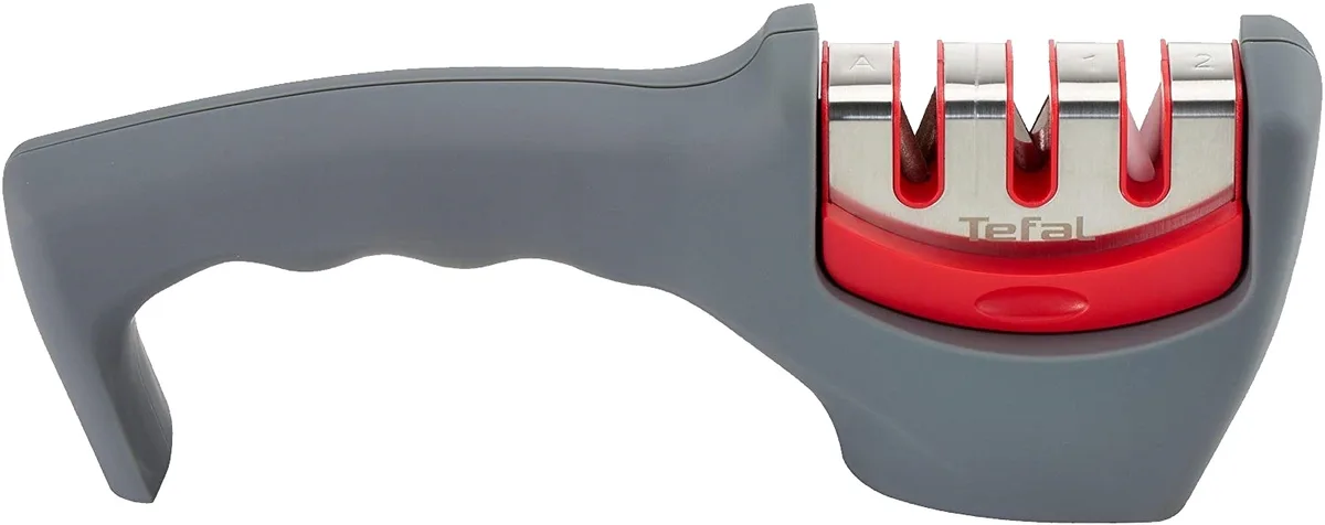 Точилка для ножів Tefal Fresh Kitchen, з нержавіючої сталі, пластиковий корпус, сірого кольору.