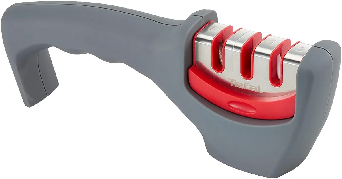 Точилка для ножів Tefal Fresh Kitchen, з нержавіючої сталі, пластиковий корпус, сірого кольору.