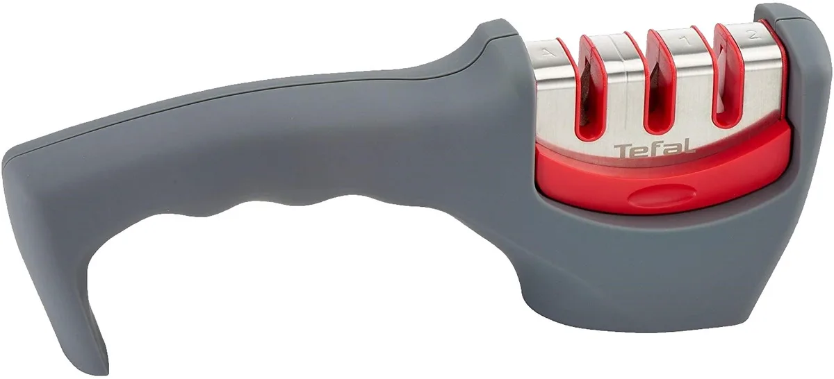 Точилка для ножів Tefal Fresh Kitchen, з нержавіючої сталі, пластиковий корпус, сірого кольору.