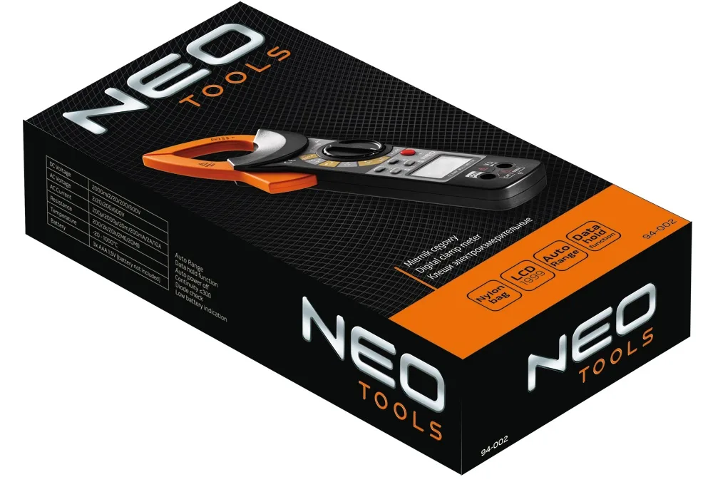 Електровимірювальні кліщі Neo Tools, 0-600В, для дроту діаметром до 37мм, з РК дисплеєм та підсвічуванням, у комплекті з чохлом.
