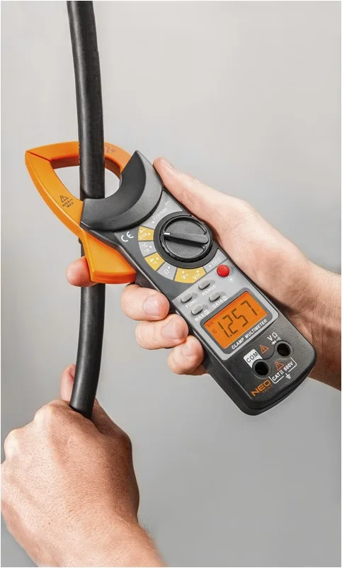 Електровимірювальні кліщі Neo Tools, 0-600В, для дроту діаметром до 37мм, з РК дисплеєм та підсвічуванням, у комплекті з чохлом.