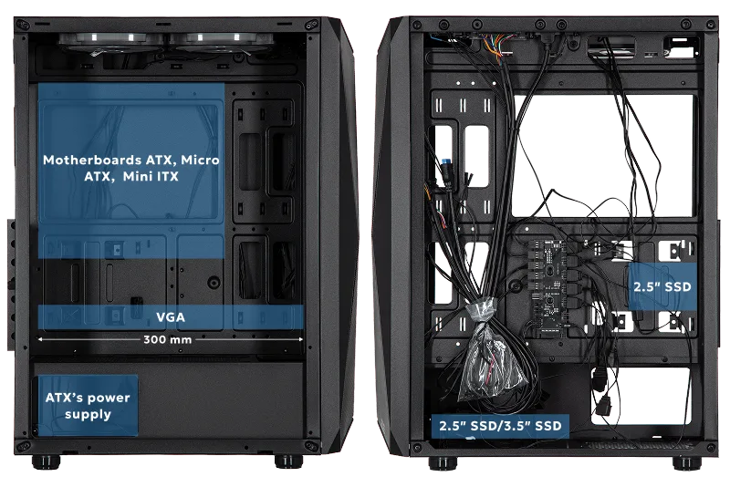 Корпус 2E GAMING Aruba G3313B, без БЖ 1xUSB3.0, 2xUSB2.0, 5x120мм ARGB, VGA 300мм, LCS ready, HUB, TG боковая панель, ATX, черный.