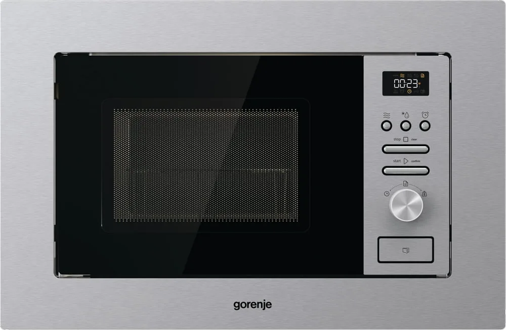 Вбудована мікрохвильова піч Gorenje, 20 л, механічне управління, 800 Вт, гриль, дисплей, інвертор, нержавіюча сталь.