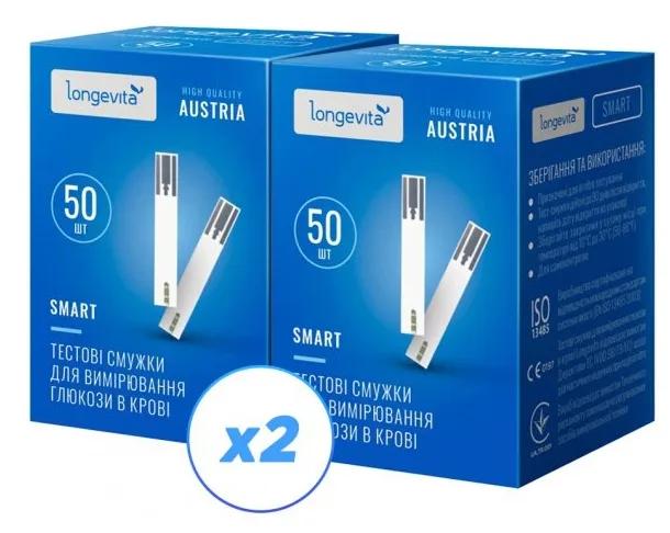 Тестові смужки Longevita 100 шт для вимірювання глюкози в крові 1 мкл