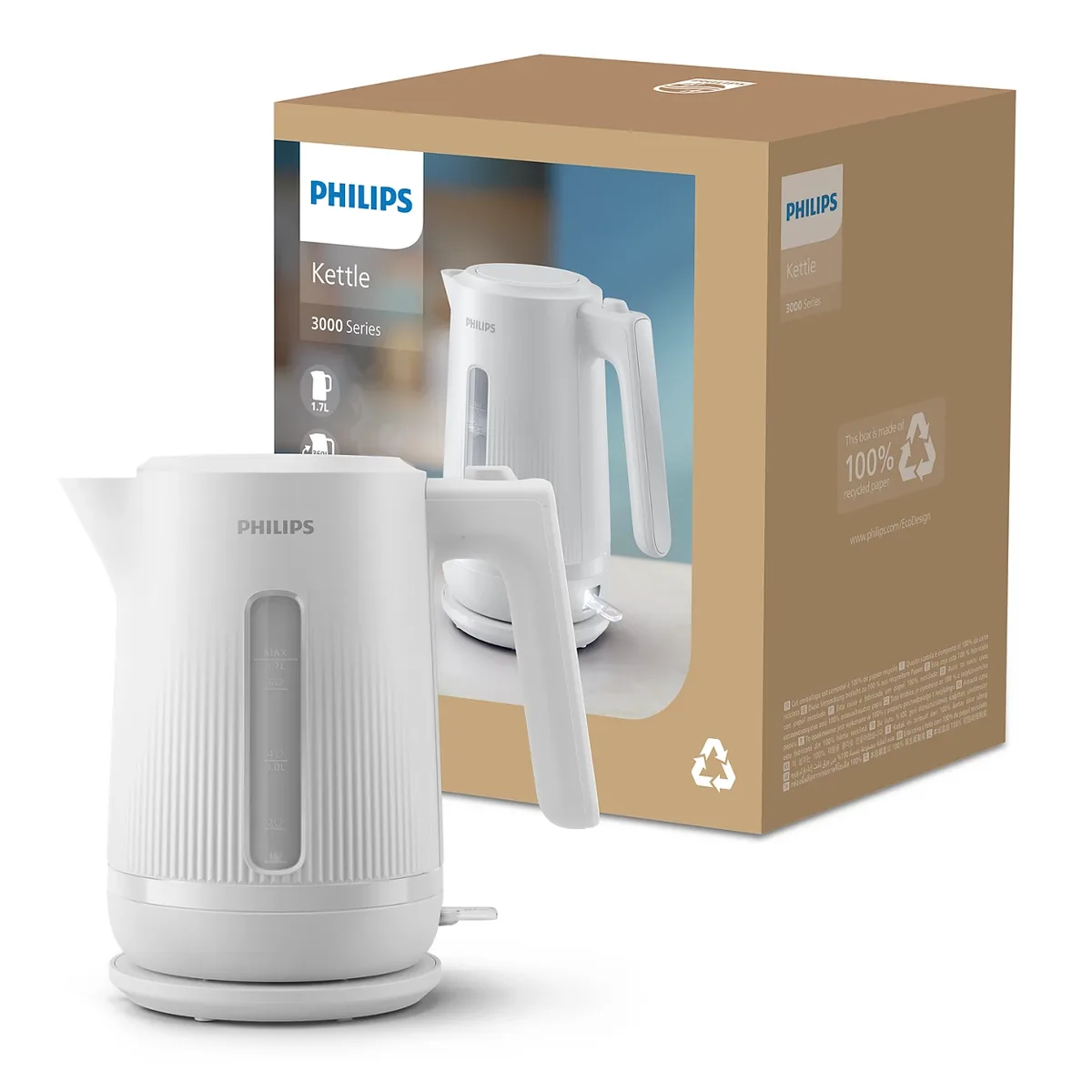 Електрочайник Philips 3000 Series, об'ємом 1,7 л, Strix, пластиковий, білий.
