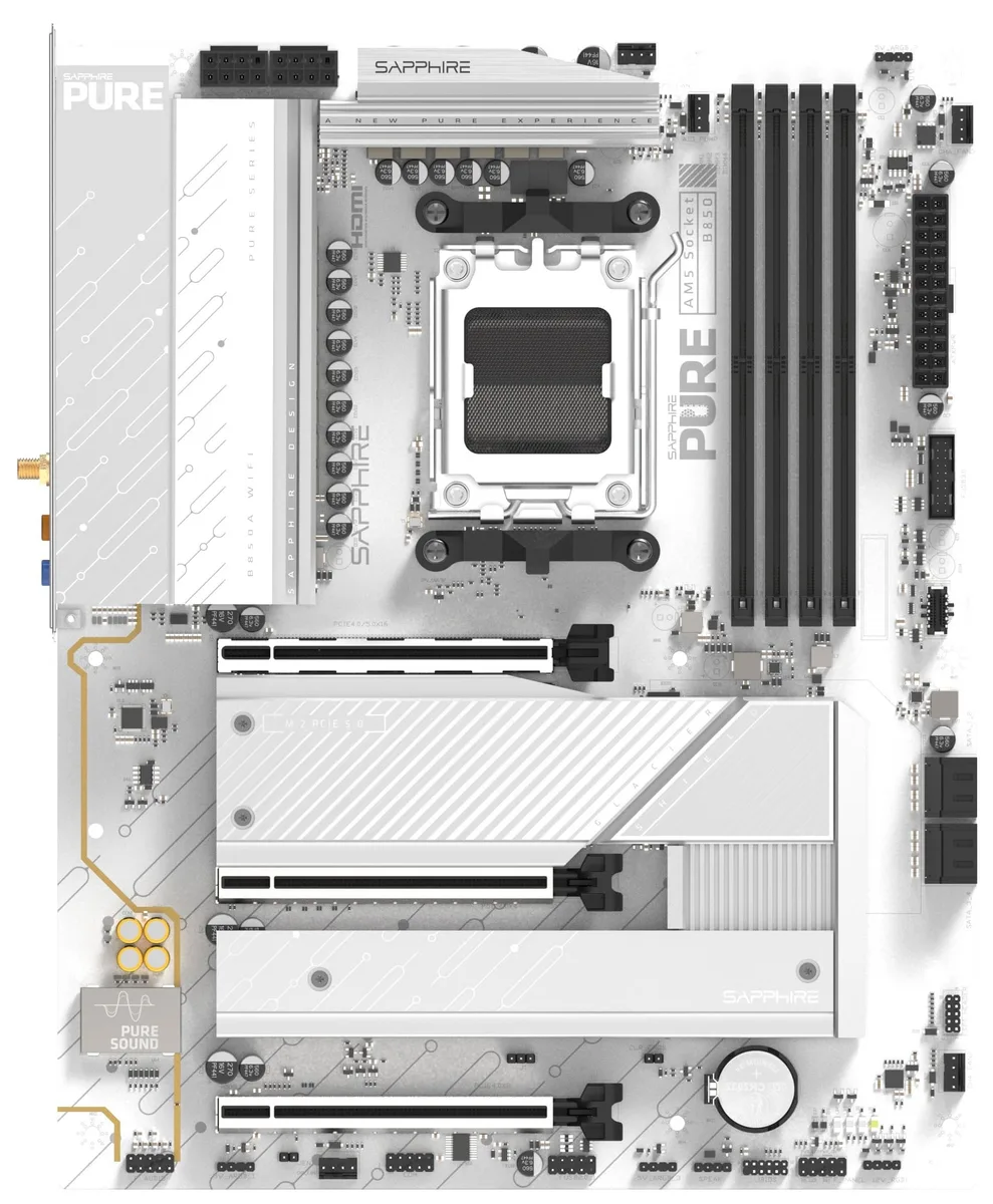 Материнcька плата SAPPHIRE PURE B850A WIFI7 sAM5 B850 4xDDR5 M.2 HDMI DP Wi-Fi BT ATX білий