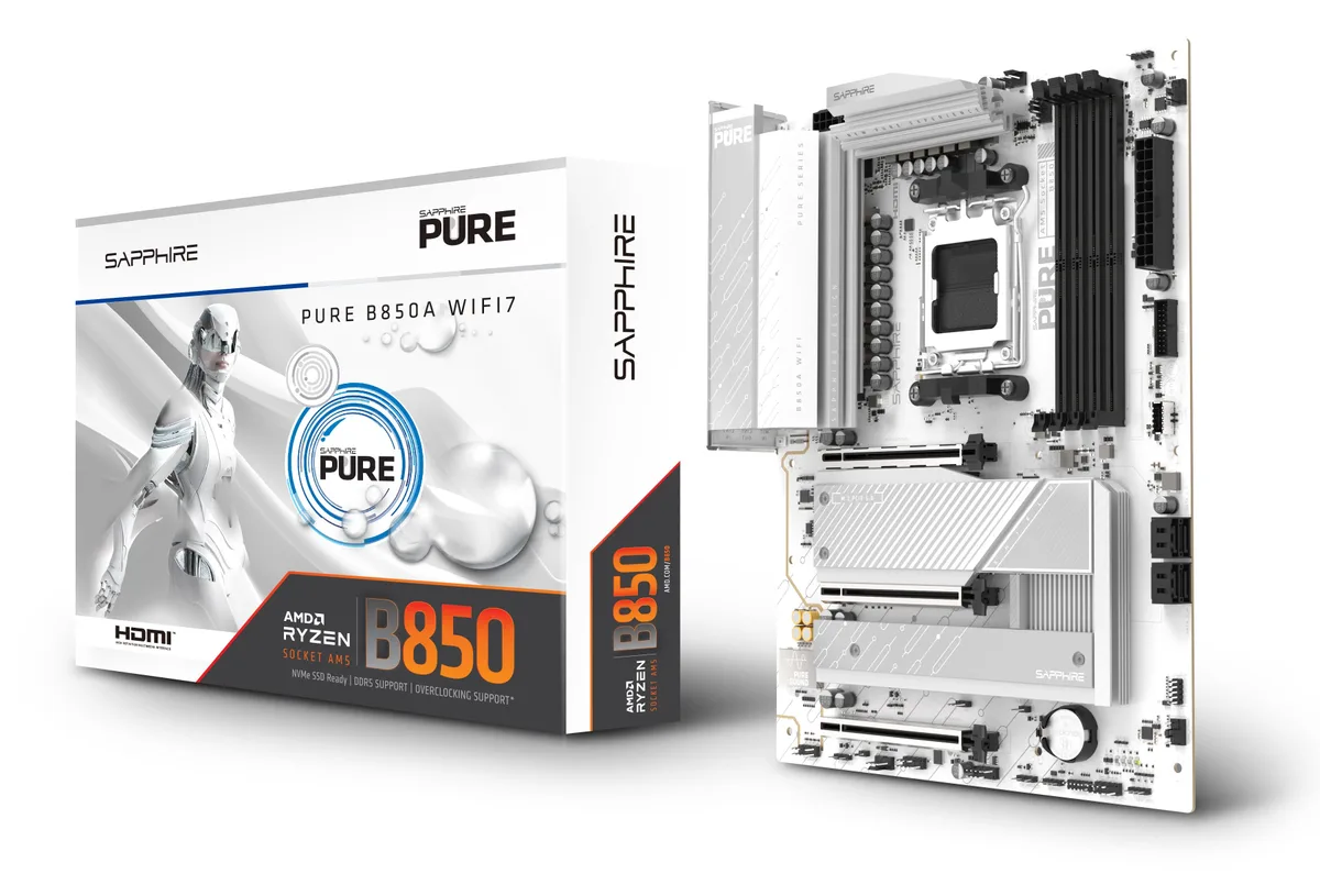 Материнcька плата SAPPHIRE PURE B850A WIFI7 sAM5 B850 4xDDR5 M.2 HDMI DP Wi-Fi BT ATX білий