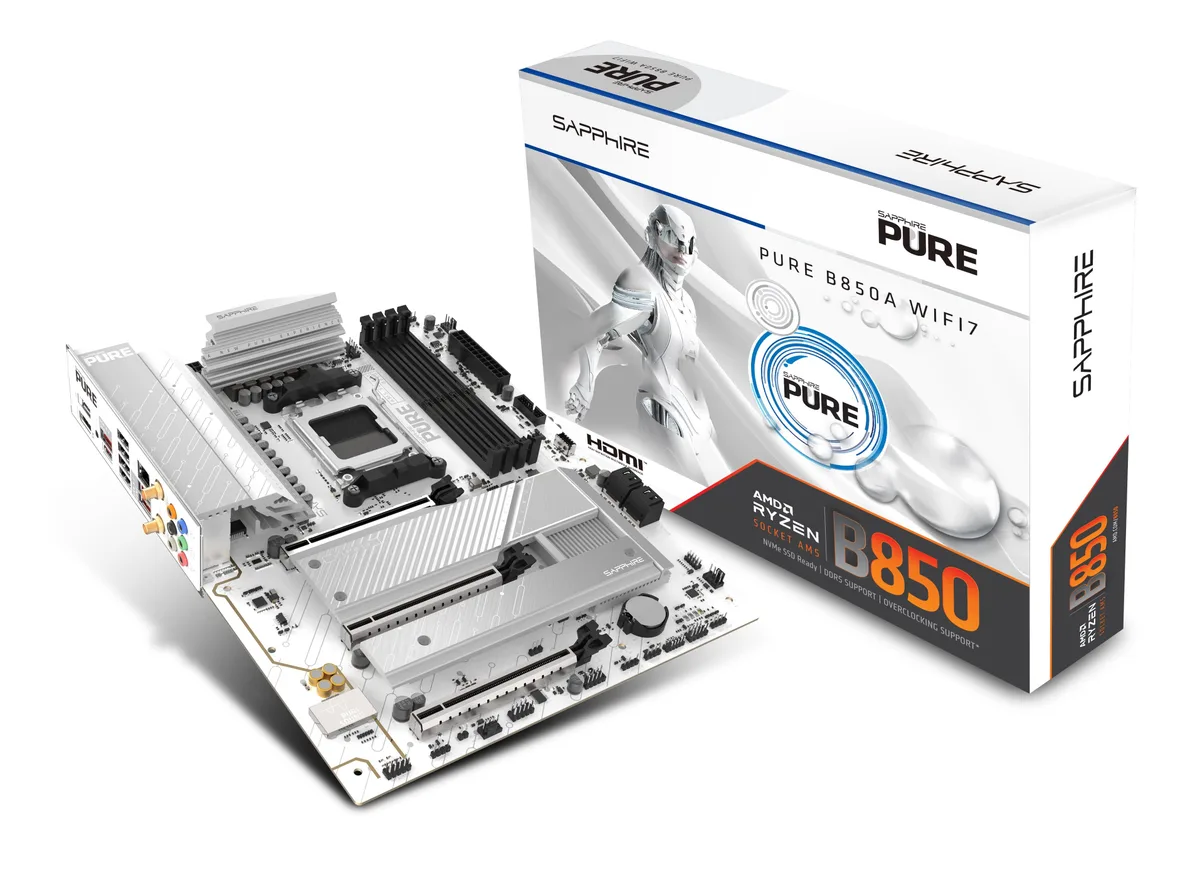 Материнcька плата SAPPHIRE PURE B850A WIFI7 sAM5 B850 4xDDR5 M.2 HDMI DP Wi-Fi BT ATX білий