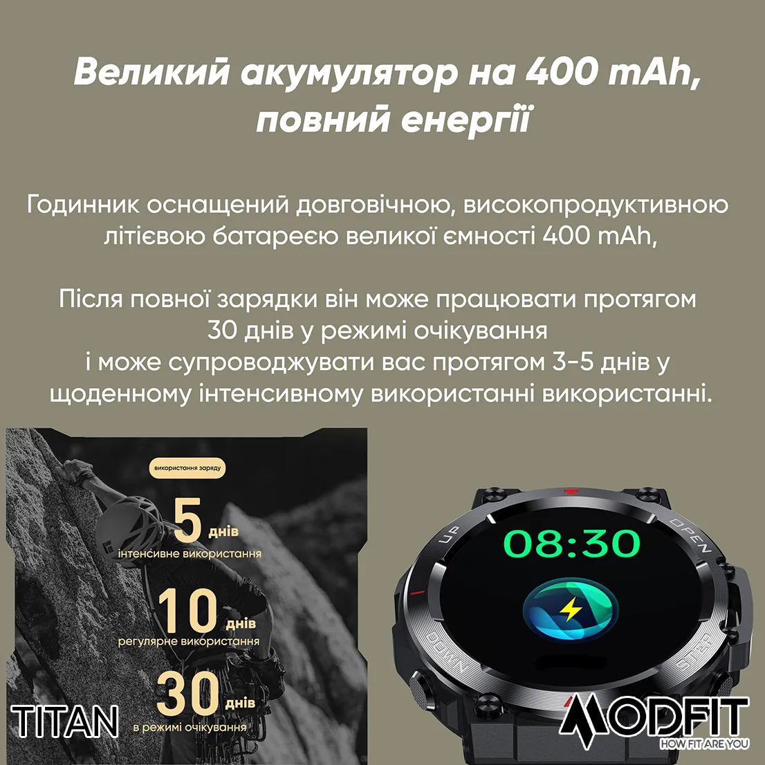 Розумні годинники Modfit полімер сталь 35 мм Армійський зелені