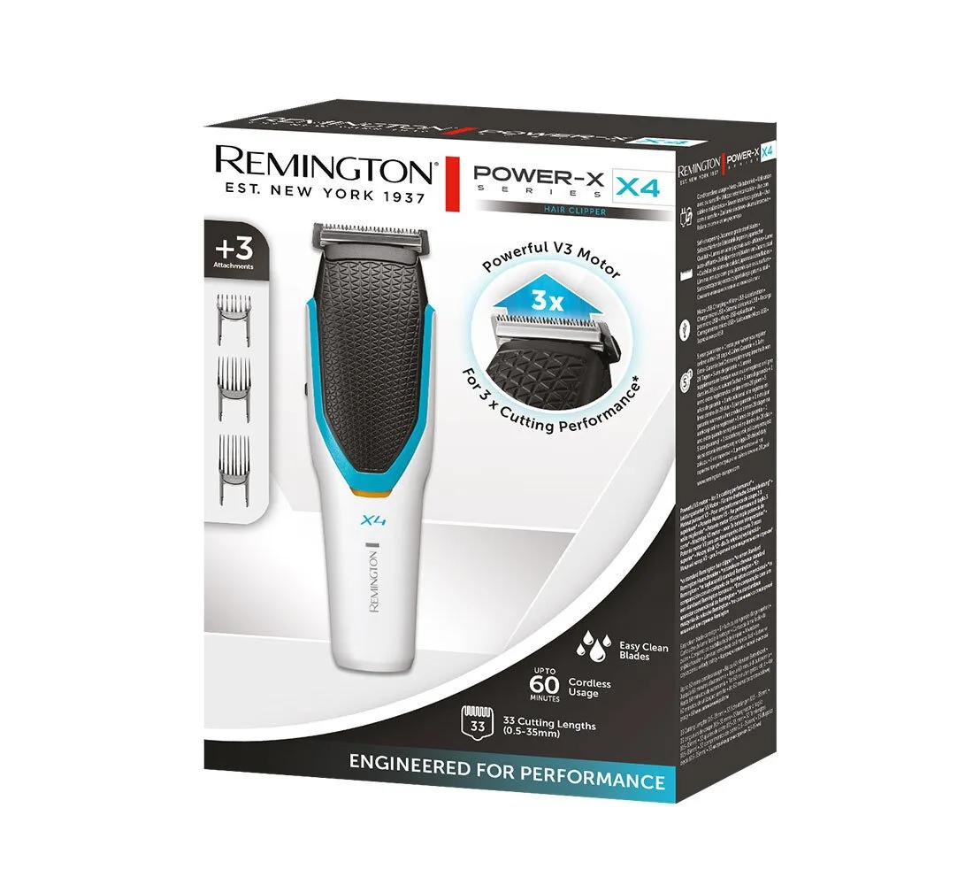 Машинка для стрижки волосся Remington Power X Series X4, мережевий та акумуляторний режим, 3 насадки, сталева лезо, біло-чорного к