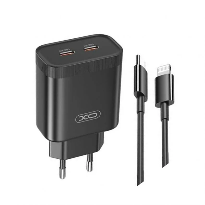 Мережевий зарядний пристрій XO Type-C 2 порти 35W чорний з кабелем Type-C to Lightning 1м